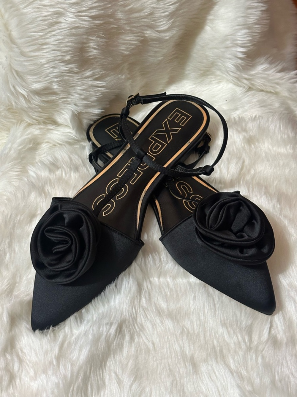 Express Black Pointed-Toe Flats with Rose Accent